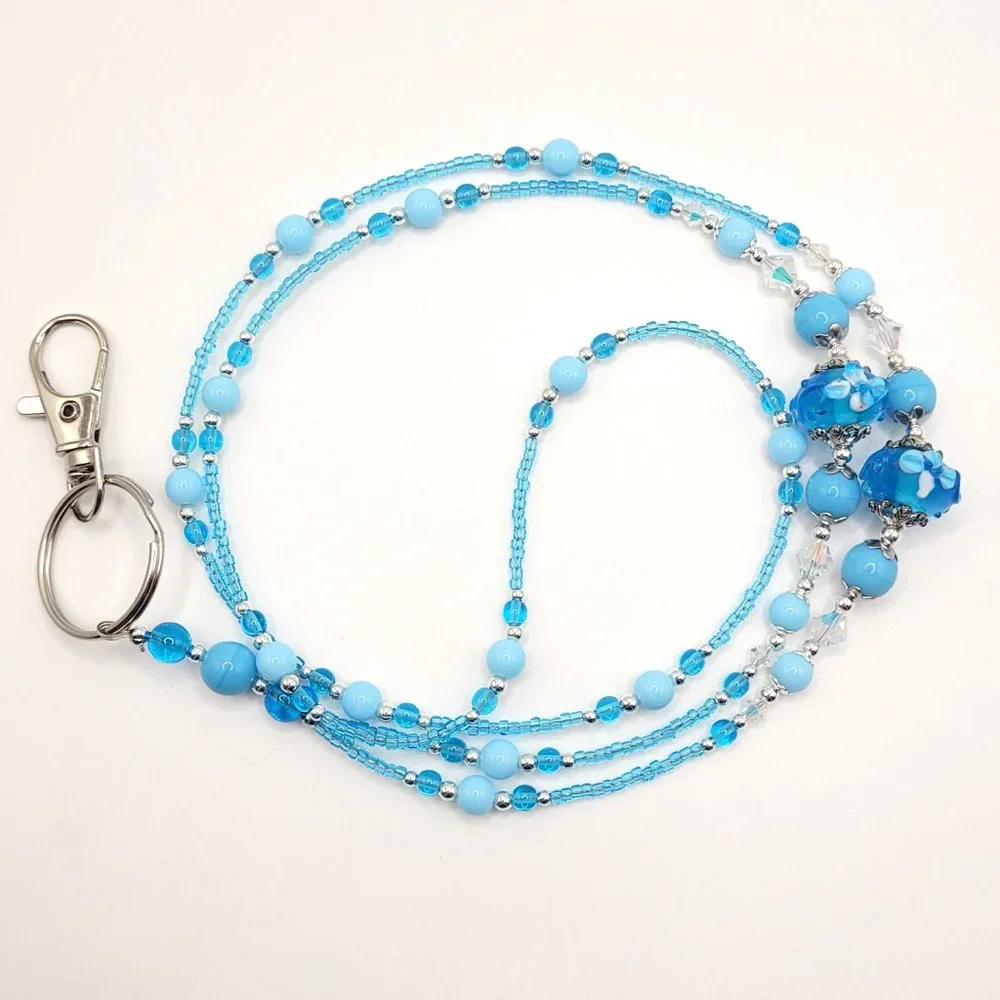 Turquoise Blue Flowers, Beaded Lanyard for Women, Badge, ID Holder, Keychain - Picture 2 of 5